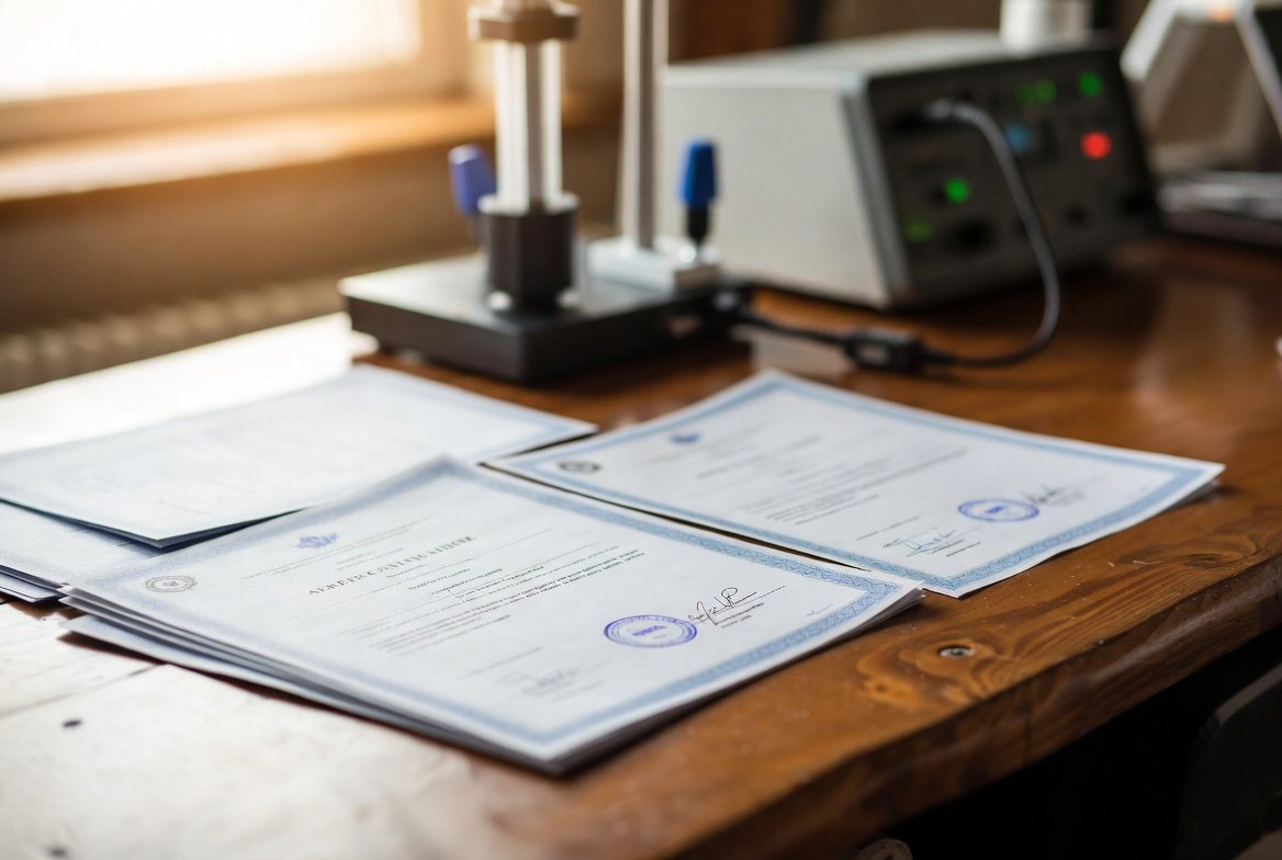 Professional USB cable quality certification documents and testing equipment on a desk