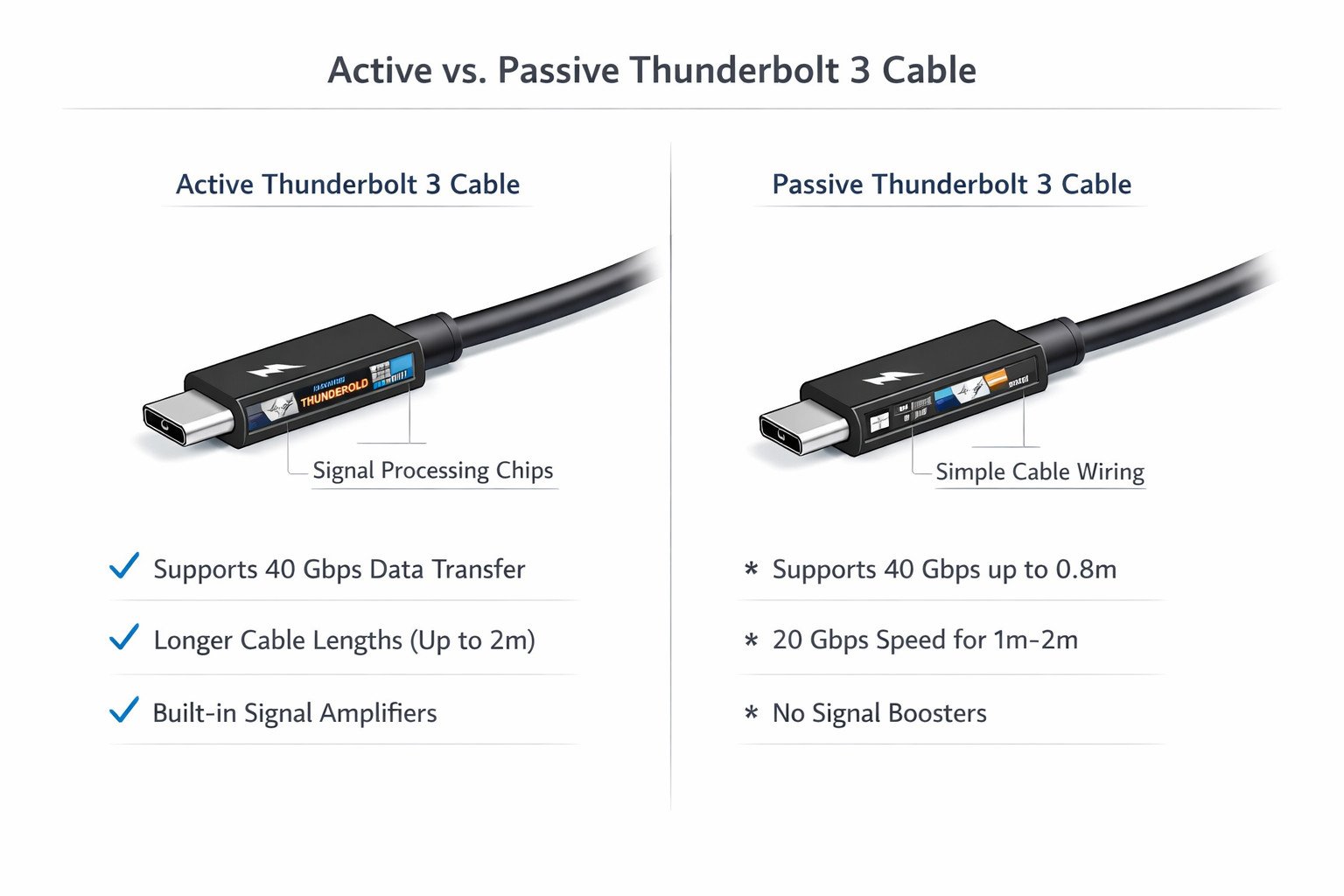 Active vs passive Thunderbolt 3 cable comparison diagram