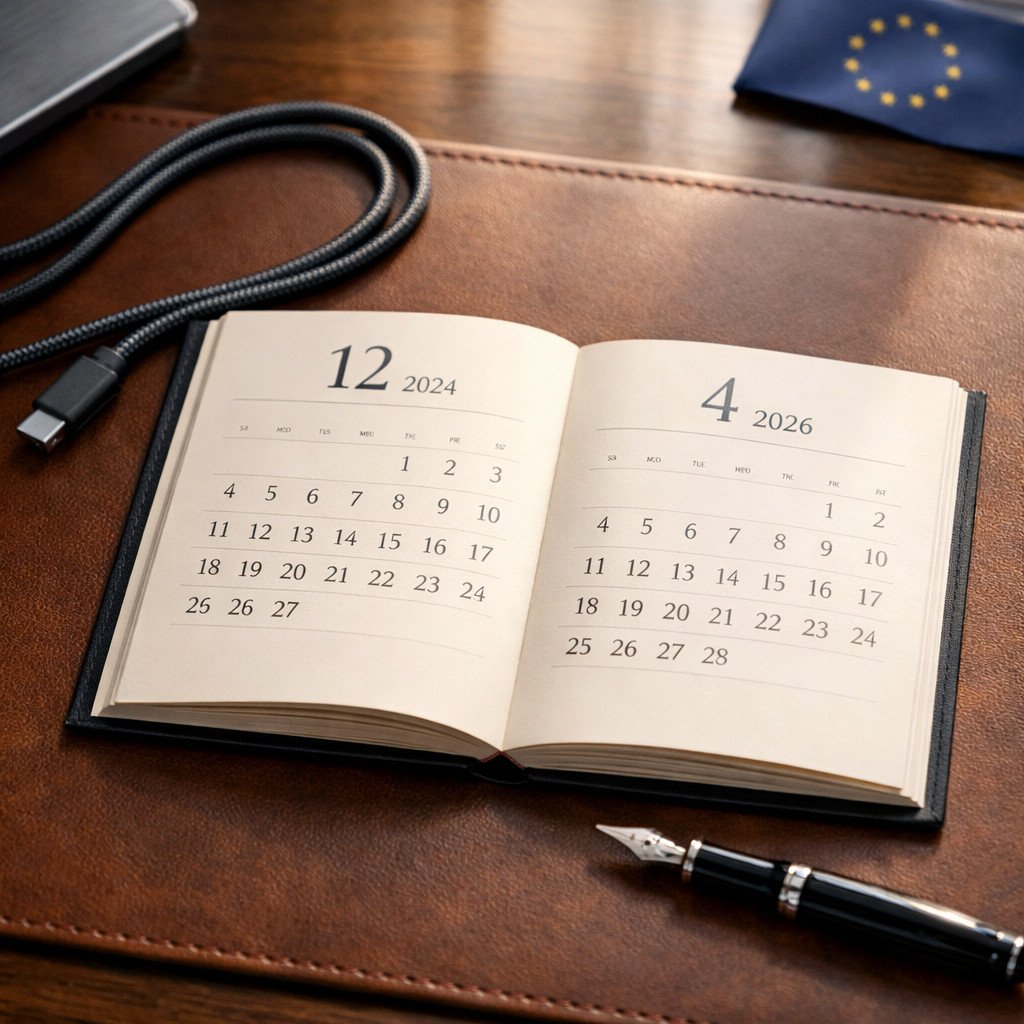 EU Common Charger Directive Timeline 2024-2026 Timeline infographic showing EU Common Charger Directive key dates: December 2024 for smartphones and April 2026 for laptops with USB-C icon