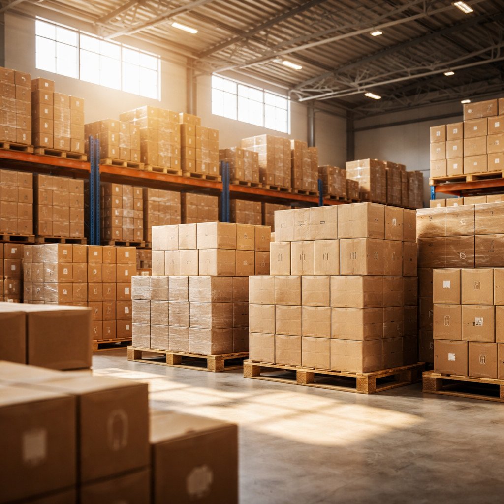 European Cable Importer Warehouse Inventory Professional warehouse with pallets of certified USB-C cables ready for European distribution