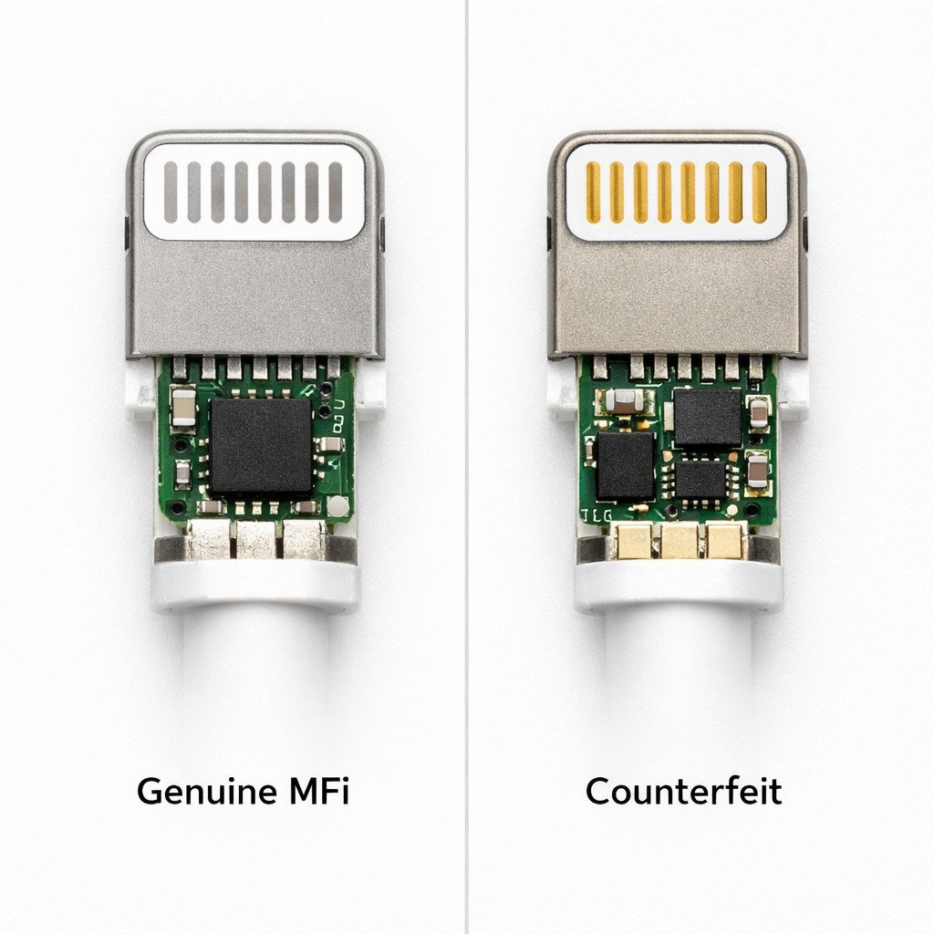 Genuine vs Counterfeit Lightning MFi Chip Comparison Side-by-side comparison of genuine MFi Lightning chip versus counterfeit clone showing PCB and pin differences