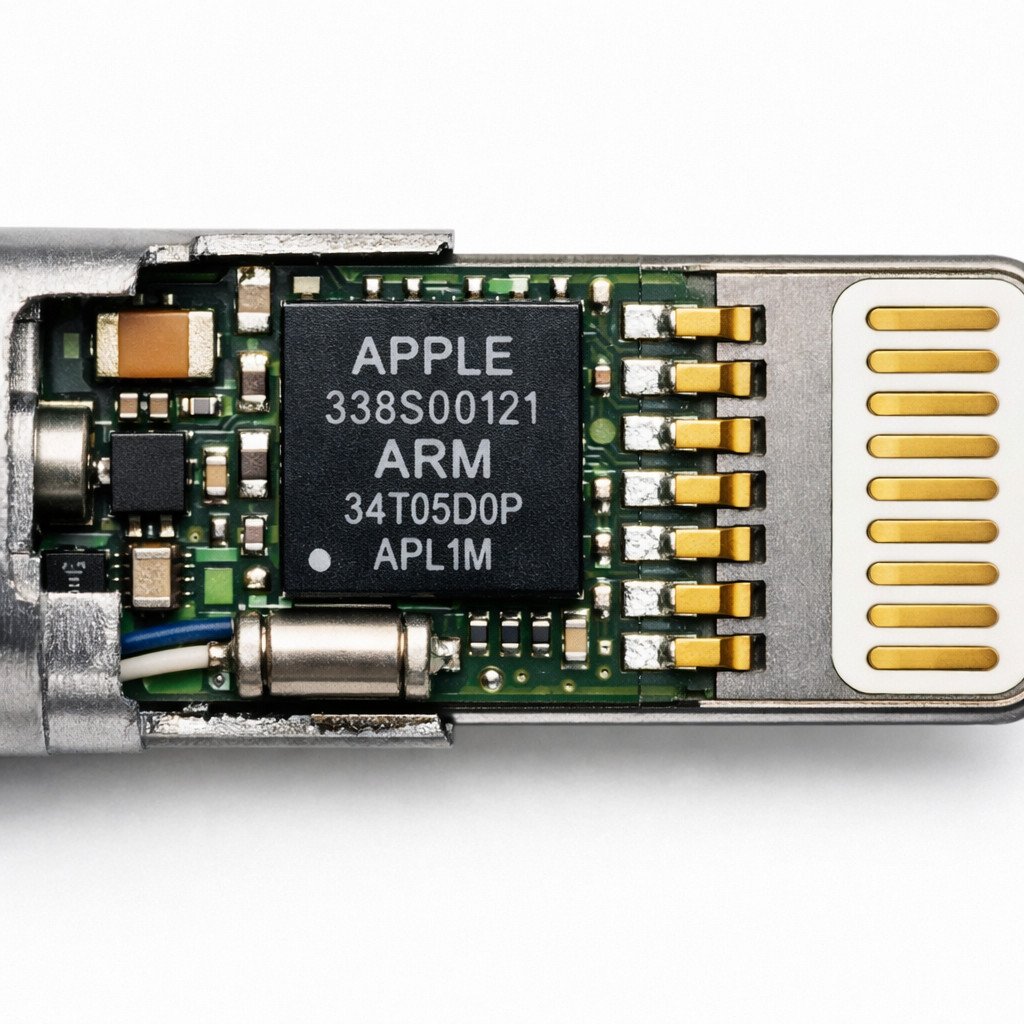 Lightning Connector Internal Structure and MFi Chip Cutaway view of Lightning connector showing internal MFi authentication chip and 8-pin contact layout