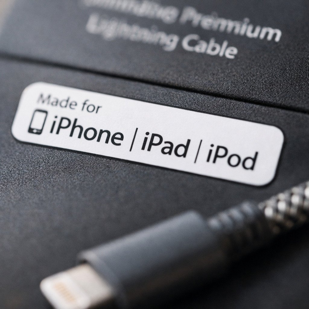 MFi Certified Made for iPhone Badge Close-up of MFi certified Made for iPhone badge on Lightning cable packaging