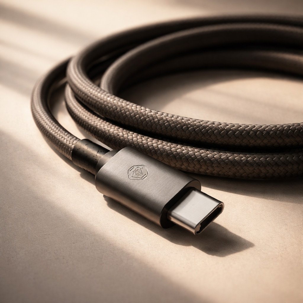 MFi Certified USB-C Cable with Authentication Chip Close-up of MFi certified USB-C cable connector showing Made for iPhone badge on packaging with authentication chip visible