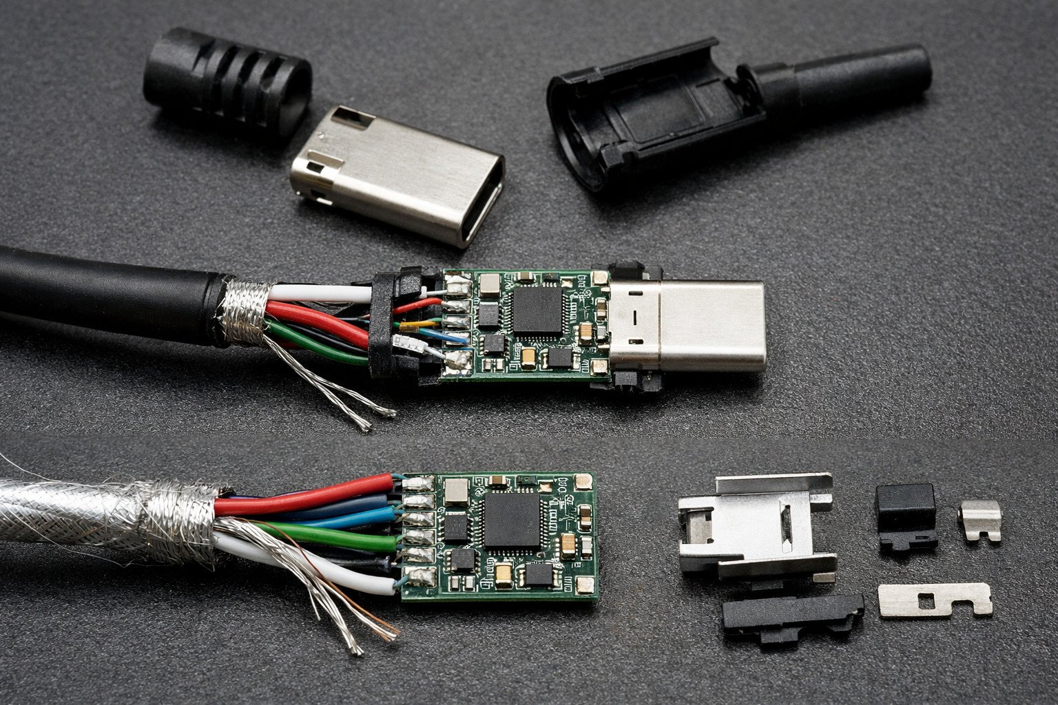 Thunderbolt 3 cable teardown with PCB exposed