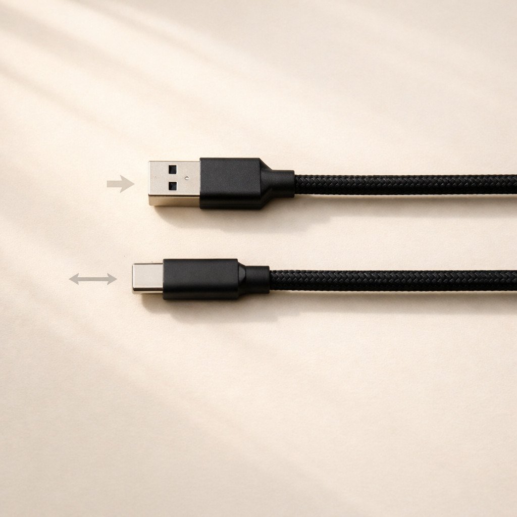 USB-A Directional vs USB-C Reversible Comparison Static comparison of USB-A and USB-C cables on minimalist desk with subtle directional indicators showing one-way versus reversible plug orientation
