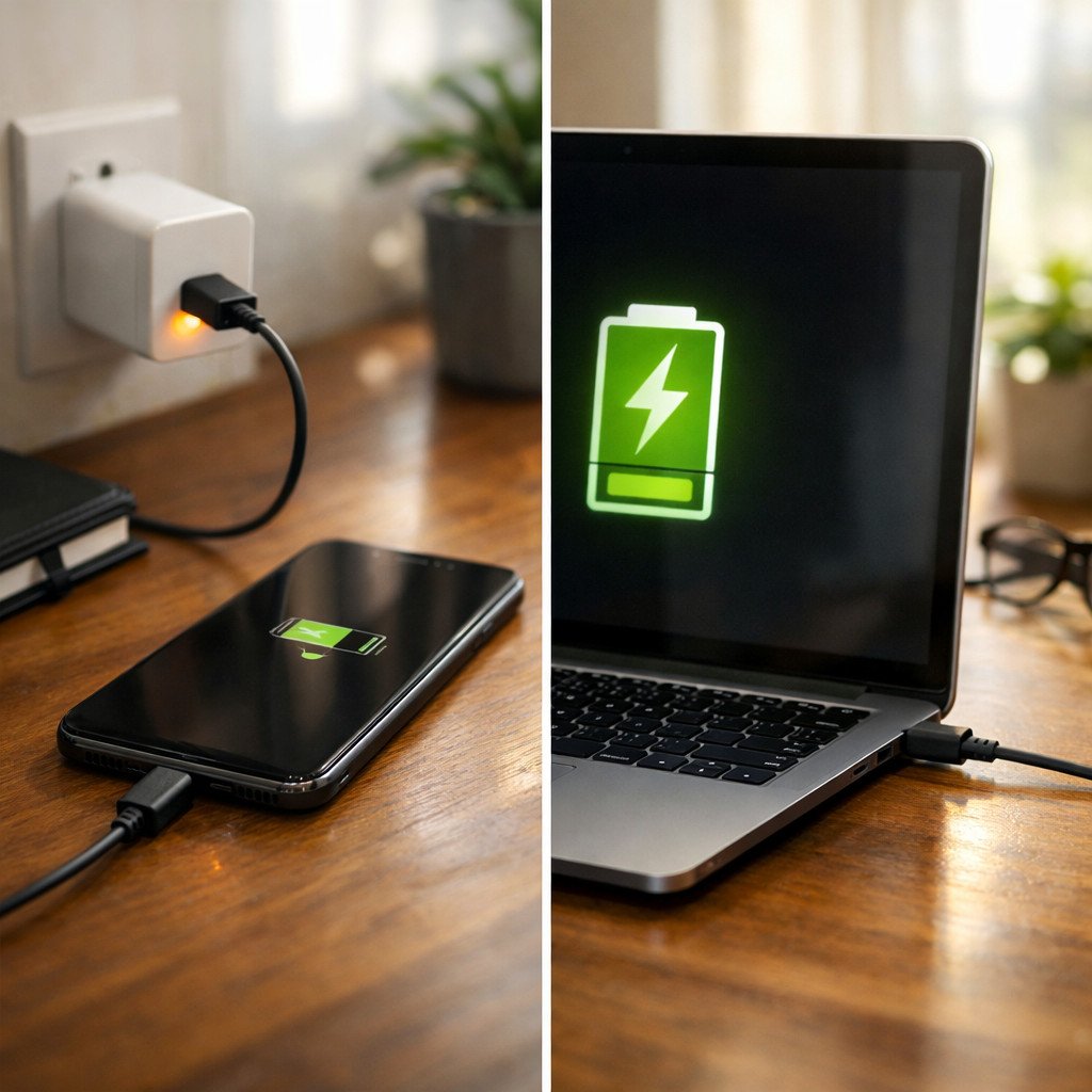 USB-A vs USB-C Charging Power Comparison Desktop scene with smartphone charging slowly via USB-A on left and laptop charging rapidly via USB-C on right