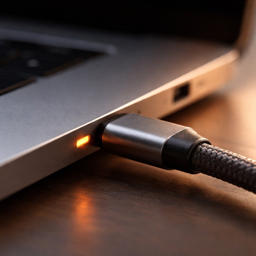 USB-C Cable Laptop Connector Closeup Macro closeup of premium braided USB-C cable inserted into laptop USB-C port with charging indicator visible