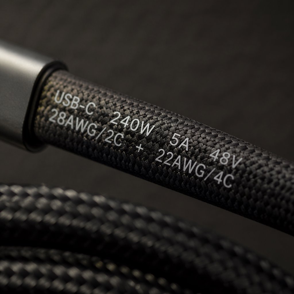 USB Cable AWG Wire Gauge Markings Closeup Macro closeup of USB cable jacket showing AWG wire gauge markings and power rating text