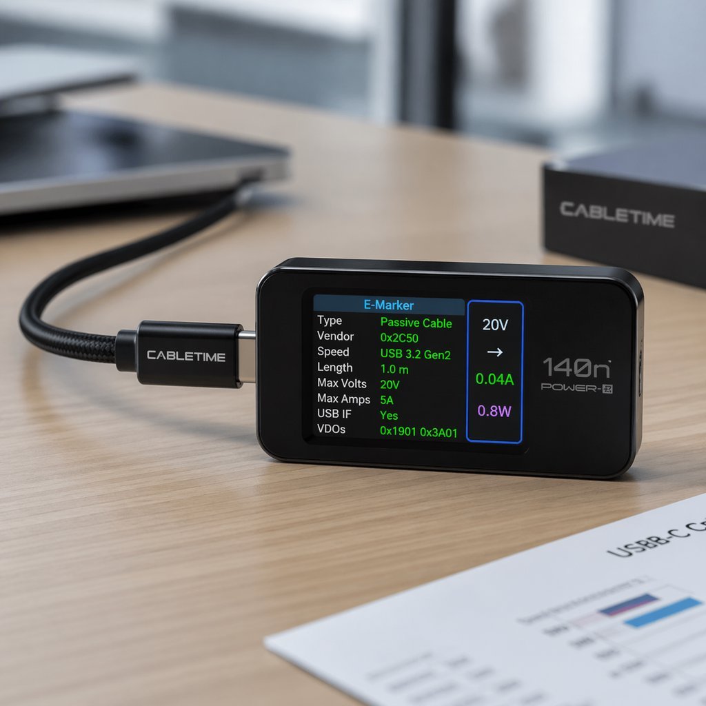USB-C Power Meter E-Marker Verification USB-C power meter displaying E-Marker data for cable verification on wooden desk