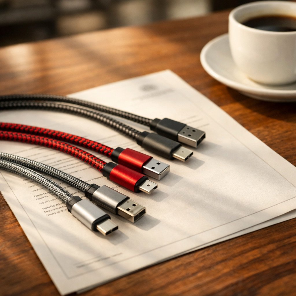 USB Cable Samples and Certification Documents B2B Desk Professional wooden desk with premium USB cable samples and certification documents spread out representing B2B wholesale sourcing