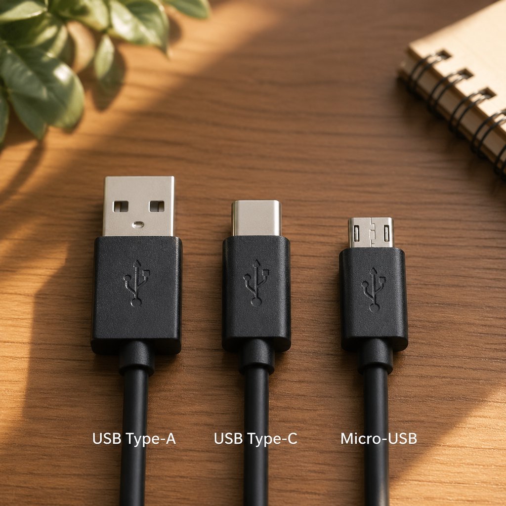 USB Connector Types Complete Comparison Comparison of USB connector types including Type-A Type-C Micro-USB and Type-B on clean desk surface