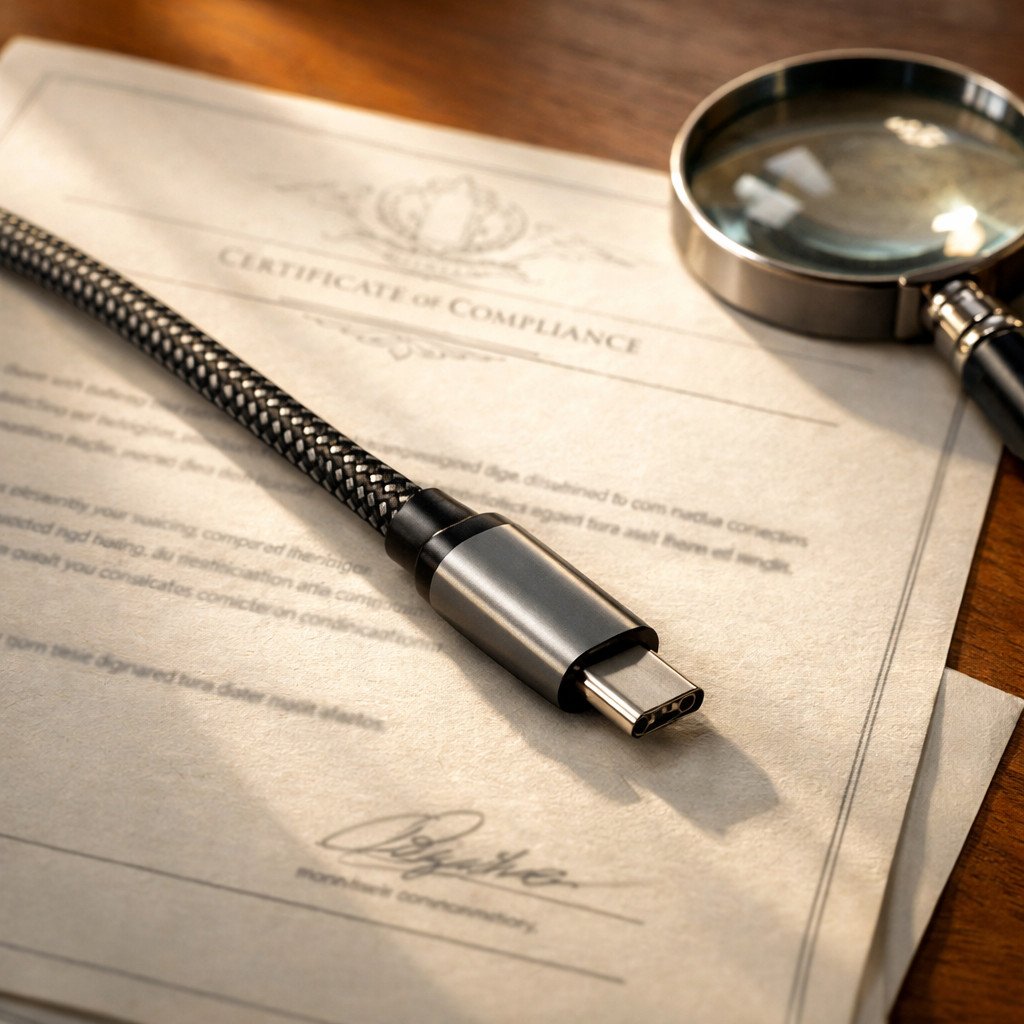 USB-IF Certification Testing Laboratory Equipment Professional testing laboratory with USB-C cable undergoing certification testing on precision measurement equipment