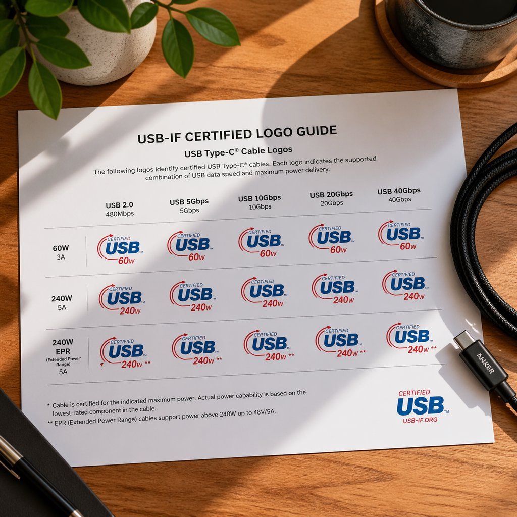 USB-IF Certification Logos Comparison Chart Comparison chart of USB-IF certification logos showing 40Gbps 240W and 20Gbps 60W markings