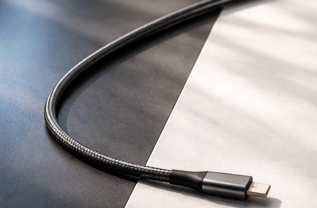 Premium USB-C cable connecting two distinct surface tones representing USB-IF and MFi certification choices