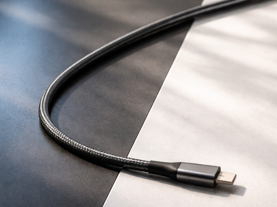 Premium USB-C cable connecting two distinct surface tones representing USB-IF and MFi certification choices